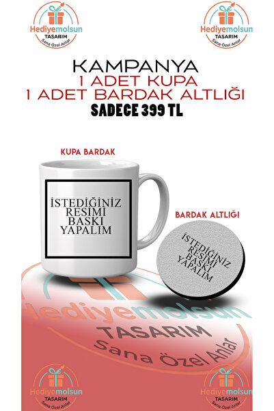 HEDİYEM OLSUN Kişiye Özel Baskılı Kupa Bardak & MDF Bardak Altlığı İkili Set ...