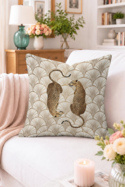 Home Leopar Figürlü Art Deco Yelpaze Desenli Kırlent Kılıfı - Bej Altın Dekor...