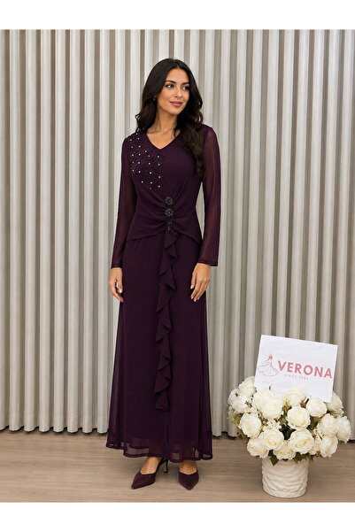 Verona Long Evening Gown with Crystal Embellishments and Front Ruffles