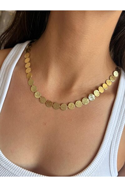 AURA ATELİER MODA Hasır Dokulu Yuvarlak Pul Plakalı Choker Kolye Kadın Su Geç...
