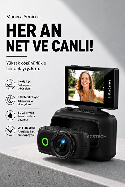 ACSTECH 4K Vlog Kamerası | Fotoğraf ve Video | Wi-Fi | Çift Ekran | 170° Geni...
