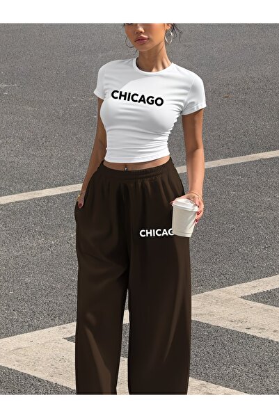 darkopia Women's Chicago Printed Baby Tee Combed Cotton Crop and Sweatpants -...
