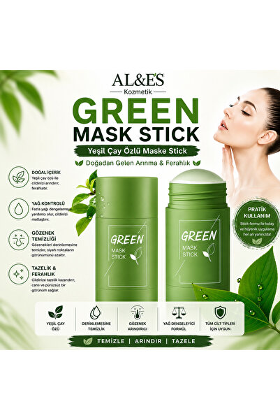 AL&ES kozmetik Green Mask Stick Yeşil Çay Özlü Derin Temizleyici Yüz Maskesi