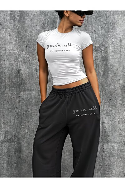 macklin Women's Yes I'M Cold Printed Baby Tee Combed Cotton Crop and Sweatpan...