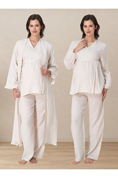 ByLohusa Comfortable Cut Muslin Fabric Maternity Pajama Set with Nursing Feat...