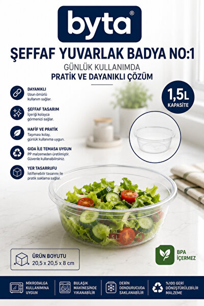 BYTA 1,5 L Şeffaf Yuvarlak Plastik Badya No:1 BPA İçermez Çok Amaçlı Gıda Haz...
