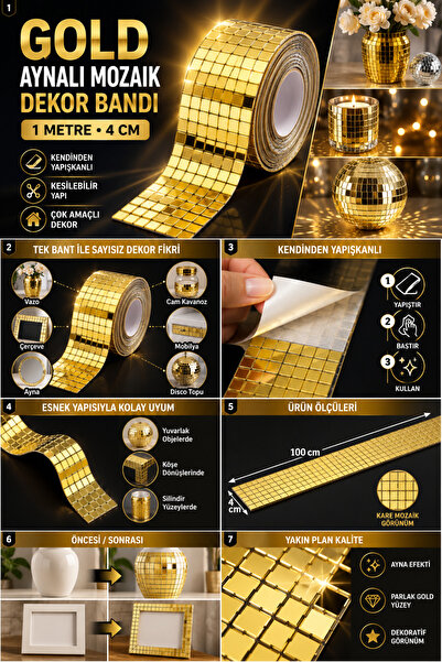 Hane Dostu Gold Renk Aynalı Mozaik Dekor Bandı 1 Metre 4 Cm Kendinden Yapışka...
