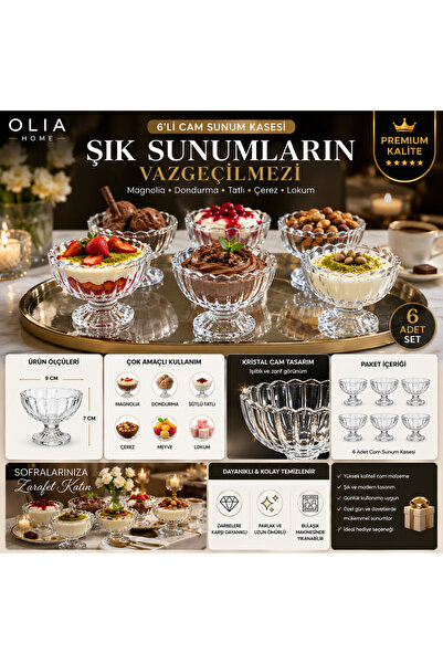 OLİAHOME OLIA HOME 6’lı Ayaklı Cam Magnolia Kasesi | Kristal Görünümlü Dondur...