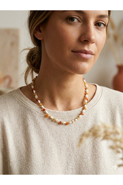 Atolye Ferda Agate Cracked Natural Stone and Seashell Detailed Necklace