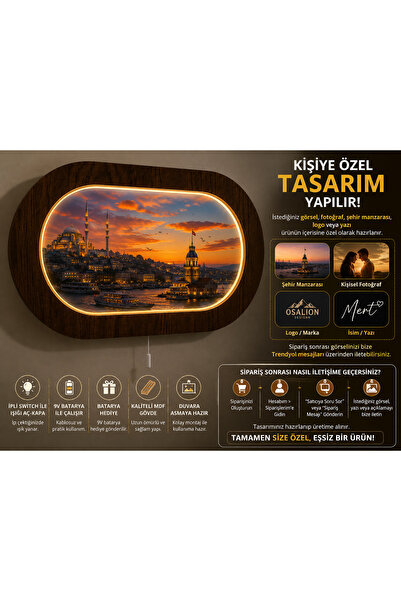 OsalionDesignn Kişiye Özel LED Işıklı Ahşap Duvar Tablosu Fotoğraf, Logo, Şeh...