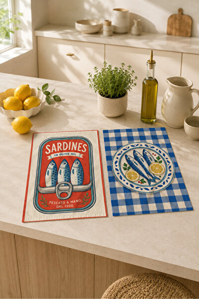 milroma Sardines Fish Canned Blue Checkered Marine Summer Decorative Retro 2-...