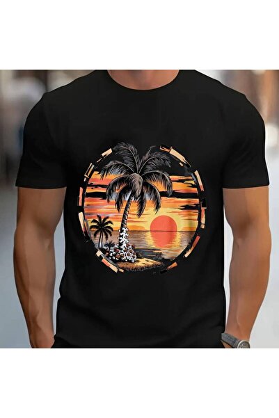 2mcup Tropical Palm Tree Sunset Beach Short Sleeve Casual Shirt Hot Transfer ...