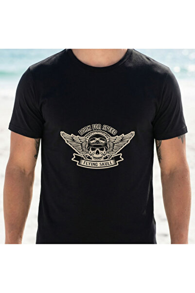 12 Teknoloji Men's Black T-Shirt with Flying Skull Pattern Print, Designed Sp...