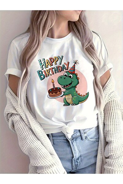 12 Teknoloji Women's White T-Shirt - Cute Green Dinosaur Pink Cake Hat with H...