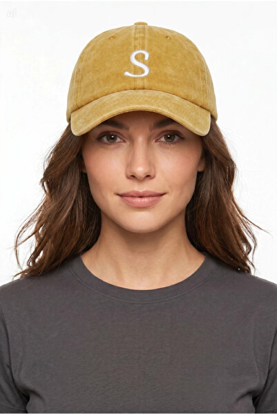 ŞapkaMania Letter S Yellow Embroidered Washable Vintage Unisex Hat