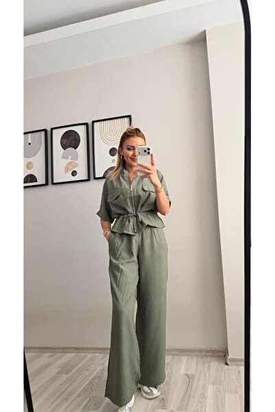 BELLA FASHION Lace-Up Short Sleeve Jacket Pants Set