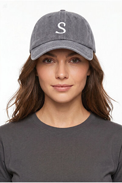 ŞapkaMania Gray Embroidered Washable Vintage Unisex Hat with Letter S