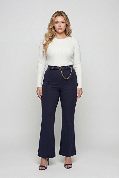 EXİTLİNE Women's Navy Blue Summer High Waist Belted Spanish Flare Pants with ...