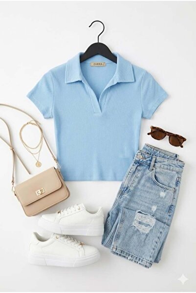 Raneel Kazançlı Alışveriş Polo Collar Basic Short Sleeve Knitted Camisole Cro...