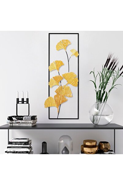 UnicUtil Tablou Metalic Perete Modern, Decor 3D Frunze Aurii, Cadru Negru, Fl...