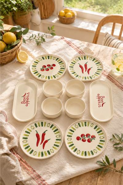 Papart Green Bon Appetit 10 Parça 4 Kişilik Stackable Seramik Kahvaltı Takımı...