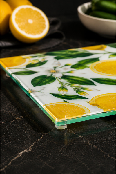 Decorita Cam Kesme Tahtası - Cam Kesme Tablası | Limon Çiçeği Desenli | 20cm x 30cm