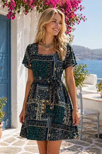 yb yağmur butik Φόρεμα με τετράγωνο γιακά, μανίκια αγγελικού τύπου και μοτίβο...