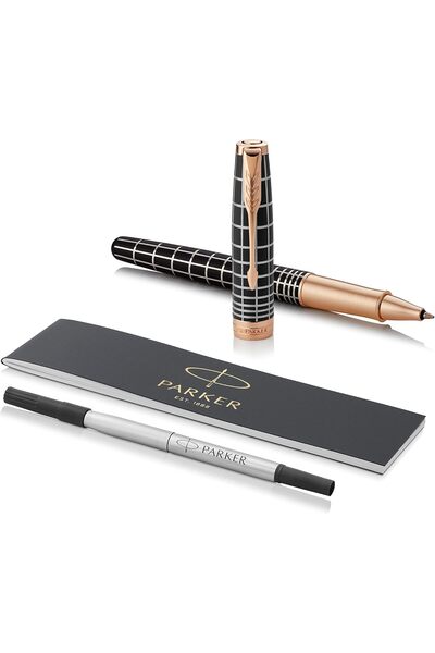 Parker قلم حبر جاف سونيت، بتصميم بريستيج مطاطي بني مع حواف ذهبية وردية، حبر أ...
