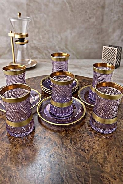 DECOSTYLE Lila Matte Gold Heybeli 12 Piece Tea Set |   Stylishly Decorated Cu...