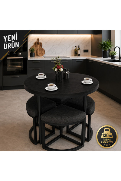 EDMONDA EV AKSESUAR ALARA 90 CM ÇAP SİYAH METAL YUVARLAK YEMEK MASASI TAKIMI ...