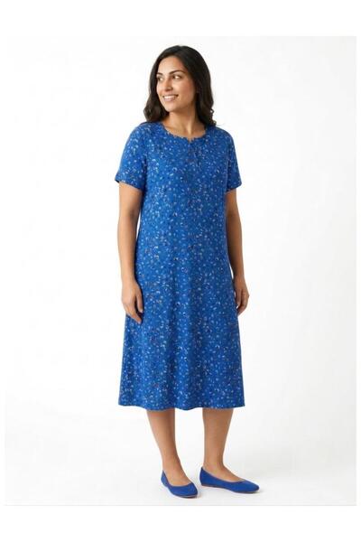 Sedef Moda Evi Fashion Plus Size Mother's Hijab Baddal Blue Floral Viscose Dress