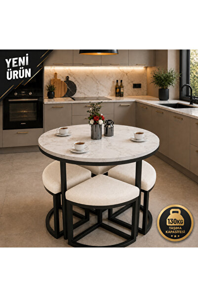 EDMONDA EV AKSESUAR ALARA 90 CM ÇAP SİYAH METAL YUVARLAK YEMEK MASASI TAKIMI ...