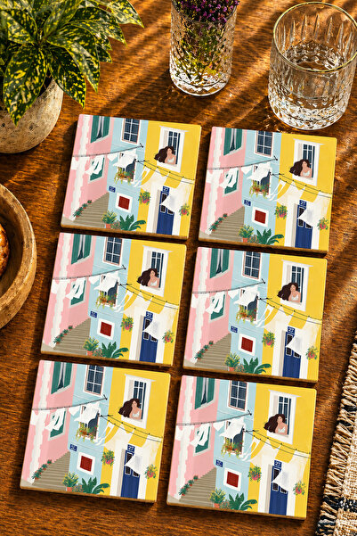 JHAAR Woman and Colorful Houses in the Window Modern 6-Piece Set Coasters - U...