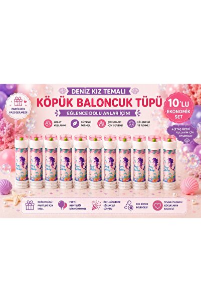 BKMC PARTY Deniz Kızı Temalı Köpük Baloncuk Tüpü 3'lü / 5'li / 10'lu Set Doğu...