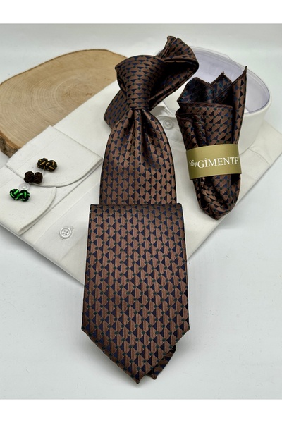 Gutiero Dark Brown Patterned Classic Tie with Handkerchief