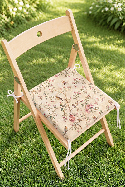Home Kuş ve Çiçek Dal Desenli Fermuarlı Sandalye Minderi - Vintage Bahçe ve B...