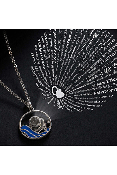 BIJUTERI Kly-1018 I Love You in 100 Languages Blue Silver Projection Necklace