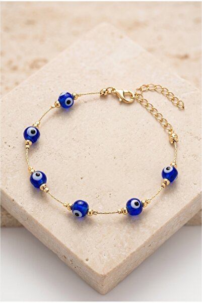 Mijja 6 Large Glass Evil Eye Beads Detailed Gold Chain Lacquer Plated Bracele...