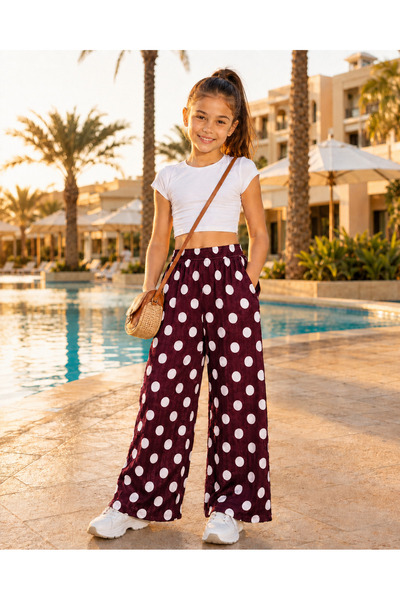 haha Girl's Polka Dot Wrinkled Fabric Wide-Leg Pants