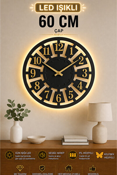 EYKA STORE Led Işıklı Büyük Boy 60 cm Modern Tasarım Duvar Saati. Sessiz meka...