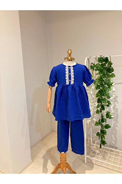 UHDE STORE Girl's Muslin Hijab Tunic Pants Set with Lace Detail