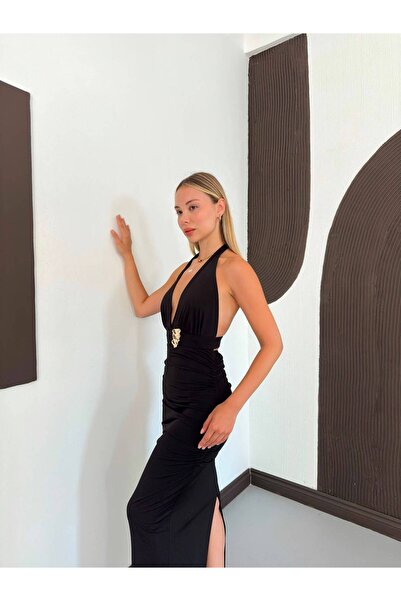 timagna Women's Dress Deeply Cut Halter Neckline with Gathered Detail at the ...