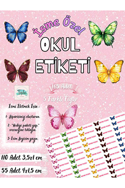 TOZLU RAF 165 Adet Kişiye Özel Kelebekler Temalı Okul Etiketi