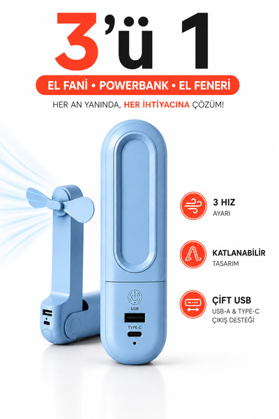 RAYLAX El fanı Katlanabilir Powerbank Özellikli Fenerli Şarjlı Sogutucu El Fa...