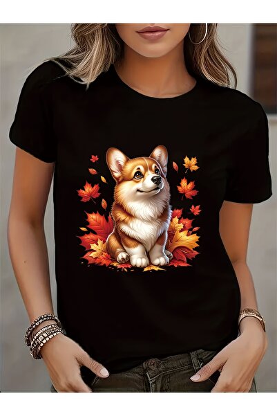 BASEPULSE Women's Short Sleeve T-Shirt - Cute Cartoon Corgi & Autumn Leaves P...