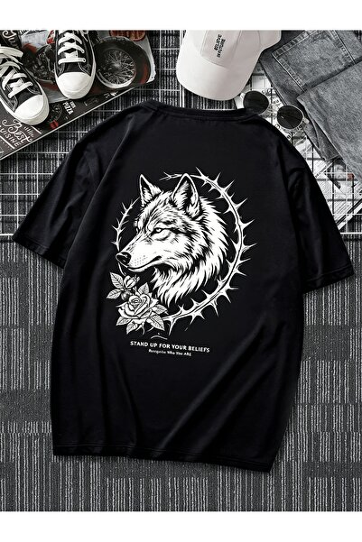 17 seramik Men's Pure Cotton T-shirt, Featuring a Rose Thorn Wolf Head Print,...