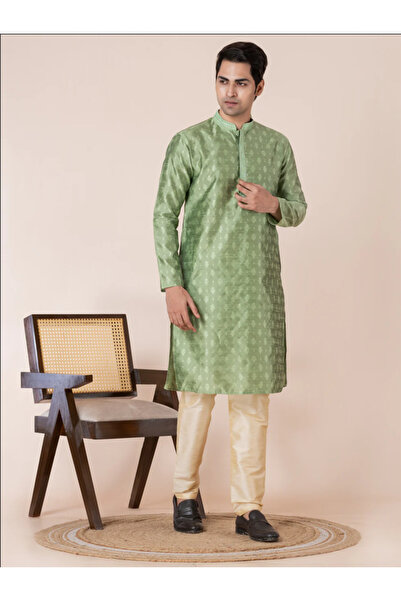 Devoiler Mens Self Design Jacquard Silk Kurta Set