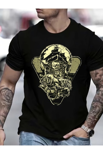 STITCHLY Street Style 180g T Shirt - Golden Graphic Pirate Design, Perfect Gi...