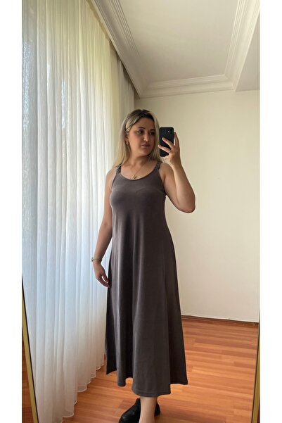 Niora Lastik Askılı V Yaka Uzun Pike Modal Elbise