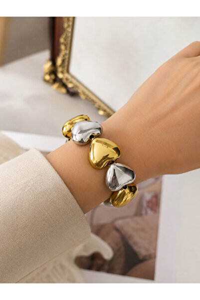 Sweet bunny Double Color Gold & Silver Heart Detailed Premium Women's Bracele...